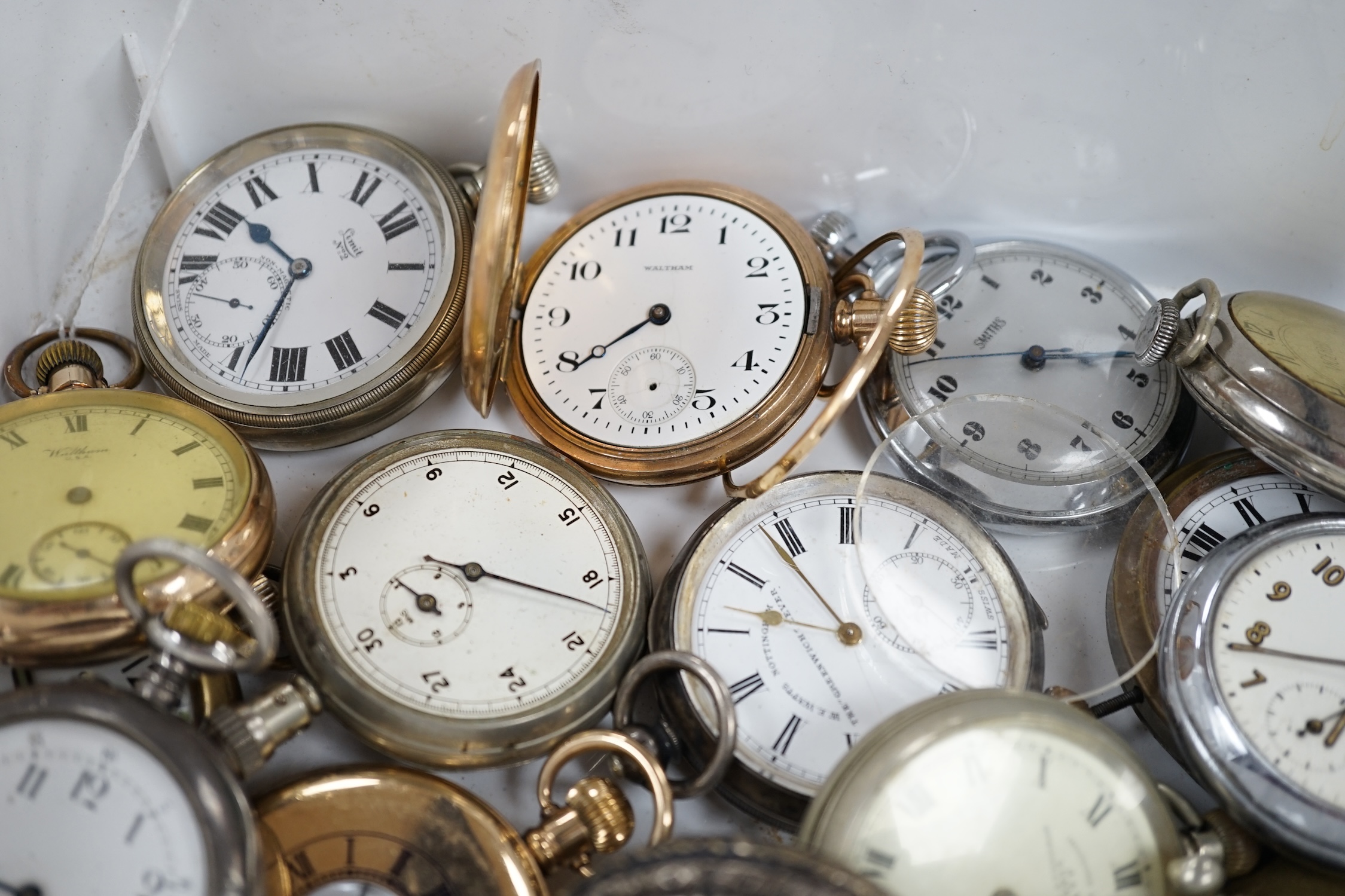 Thirteen assorted base metal or gold plated pocket watches, including two Waltham and a Stayte half hunter, together with a pocket watch case, stopwatch and a 935 white metal open face pocket watch, by Watts of Nottingha